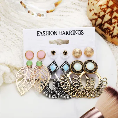 6 Pair Flower Round Stud And Leaf Drop Earrings